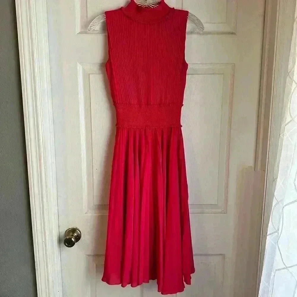 Nanette Lepore Pink Sleeveless Pleated High Neck Smocked Dress Size 6